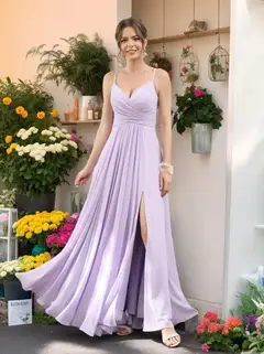 A-Line/Princess V-Neck Spaghetti Straps Sleeveless Floor-Length Chiffon Bridesmaid Dresses with Split Side — view 7
