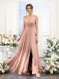 A-Line/Princess V-Neck Spaghetti Straps Sleeveless Floor-Length Chiffon Bridesmaid Dresses with Split Side — view 8