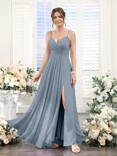 A-Line/Princess V-Neck Spaghetti Straps Sleeveless Floor-Length Chiffon Bridesmaid Dresses with Split Side — view 9