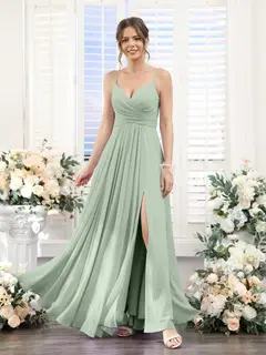 A-Line/Princess V-Neck Spaghetti Straps Sleeveless Floor-Length Chiffon Bridesmaid Dresses with Split Side — view 11