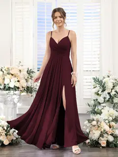 A-Line/Princess V-Neck Spaghetti Straps Sleeveless Floor-Length Chiffon Bridesmaid Dresses with Split Side — view 13
