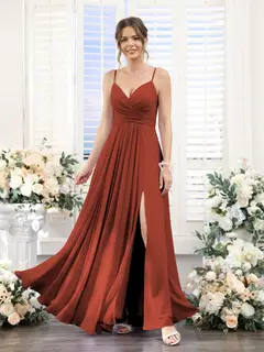 A-Line/Princess V-Neck Spaghetti Straps Sleeveless Floor-Length Chiffon Bridesmaid Dresses with Split Side — view 14