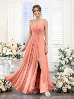 A-Line/Princess V-Neck Spaghetti Straps Sleeveless Floor-Length Chiffon Bridesmaid Dresses with Split Side — view 15