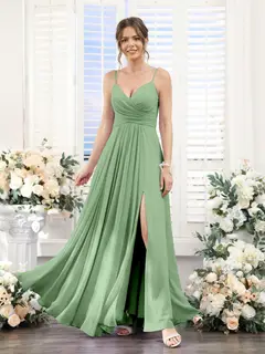 A-Line/Princess V-Neck Spaghetti Straps Sleeveless Floor-Length Chiffon Bridesmaid Dresses with Split Side — view 16