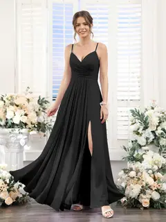 A-Line/Princess V-Neck Spaghetti Straps Sleeveless Floor-Length Chiffon Bridesmaid Dresses with Split Side — view 18
