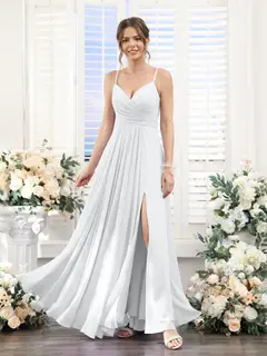A-Line/Princess V-Neck Spaghetti Straps Sleeveless Floor-Length Chiffon Bridesmaid Dresses with Split Side — view 19