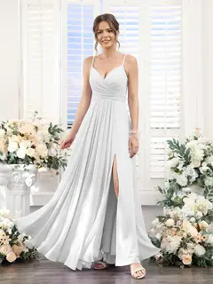 A-Line/Princess V-Neck Spaghetti Straps Sleeveless Floor-Length Chiffon Bridesmaid Dresses with Split Side — view 20