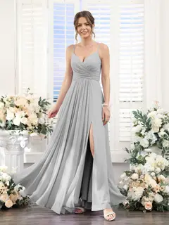 A-Line/Princess V-Neck Spaghetti Straps Sleeveless Floor-Length Chiffon Bridesmaid Dresses with Split Side — view 22