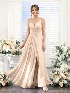 A-Line/Princess V-Neck Spaghetti Straps Sleeveless Floor-Length Chiffon Bridesmaid Dresses with Split Side — view 23
