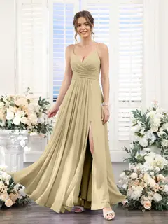 A-Line/Princess V-Neck Spaghetti Straps Sleeveless Floor-Length Chiffon Bridesmaid Dresses with Split Side — view 24