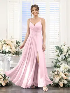 A-Line/Princess V-Neck Spaghetti Straps Sleeveless Floor-Length Chiffon Bridesmaid Dresses with Split Side — view 25
