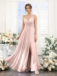 A-Line/Princess V-Neck Spaghetti Straps Sleeveless Floor-Length Chiffon Bridesmaid Dresses with Split Side — view 26