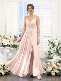 A-Line/Princess V-Neck Spaghetti Straps Sleeveless Floor-Length Chiffon Bridesmaid Dresses with Split Side — view 27
