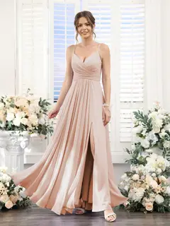 A-Line/Princess V-Neck Spaghetti Straps Sleeveless Floor-Length Chiffon Bridesmaid Dresses with Split Side — view 28
