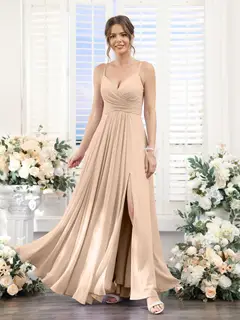A-Line/Princess V-Neck Spaghetti Straps Sleeveless Floor-Length Chiffon Bridesmaid Dresses with Split Side — view 29