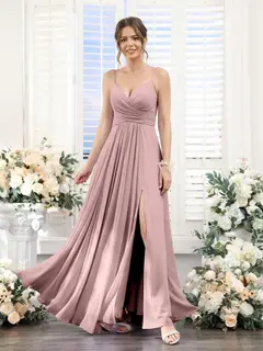 A-Line/Princess V-Neck Spaghetti Straps Sleeveless Floor-Length Chiffon Bridesmaid Dresses with Split Side — view 30