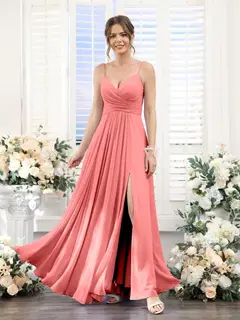 A-Line/Princess V-Neck Spaghetti Straps Sleeveless Floor-Length Chiffon Bridesmaid Dresses with Split Side — view 32