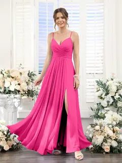 A-Line/Princess V-Neck Spaghetti Straps Sleeveless Floor-Length Chiffon Bridesmaid Dresses with Split Side — view 33