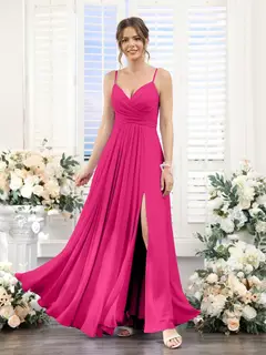 A-Line/Princess V-Neck Spaghetti Straps Sleeveless Floor-Length Chiffon Bridesmaid Dresses with Split Side — view 34