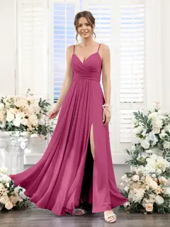 A-Line/Princess V-Neck Spaghetti Straps Sleeveless Floor-Length Chiffon Bridesmaid Dresses with Split Side — view 35