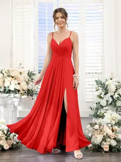 A-Line/Princess V-Neck Spaghetti Straps Sleeveless Floor-Length Chiffon Bridesmaid Dresses with Split Side — view 36