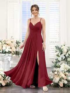 A-Line/Princess V-Neck Spaghetti Straps Sleeveless Floor-Length Chiffon Bridesmaid Dresses with Split Side — view 37