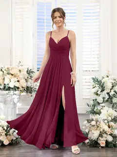 A-Line/Princess V-Neck Spaghetti Straps Sleeveless Floor-Length Chiffon Bridesmaid Dresses with Split Side — view 38