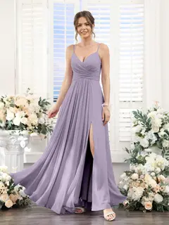 A-Line/Princess V-Neck Spaghetti Straps Sleeveless Floor-Length Chiffon Bridesmaid Dresses with Split Side — view 39