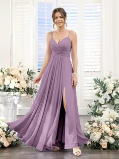 A-Line/Princess V-Neck Spaghetti Straps Sleeveless Floor-Length Chiffon Bridesmaid Dresses with Split Side — view 40