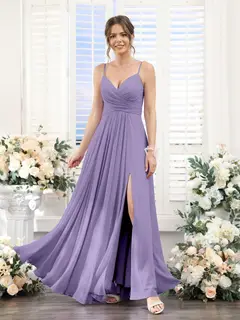 A-Line/Princess V-Neck Spaghetti Straps Sleeveless Floor-Length Chiffon Bridesmaid Dresses with Split Side — view 41