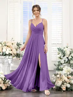 A-Line/Princess V-Neck Spaghetti Straps Sleeveless Floor-Length Chiffon Bridesmaid Dresses with Split Side — view 42