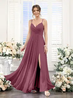 A-Line/Princess V-Neck Spaghetti Straps Sleeveless Floor-Length Chiffon Bridesmaid Dresses with Split Side — view 43