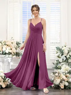 A-Line/Princess V-Neck Spaghetti Straps Sleeveless Floor-Length Chiffon Bridesmaid Dresses with Split Side — view 44