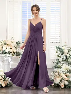 A-Line/Princess V-Neck Spaghetti Straps Sleeveless Floor-Length Chiffon Bridesmaid Dresses with Split Side — view 46