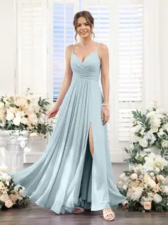 A-Line/Princess V-Neck Spaghetti Straps Sleeveless Floor-Length Chiffon Bridesmaid Dresses with Split Side — view 47