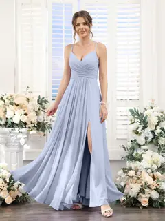 A-Line/Princess V-Neck Spaghetti Straps Sleeveless Floor-Length Chiffon Bridesmaid Dresses with Split Side — view 48