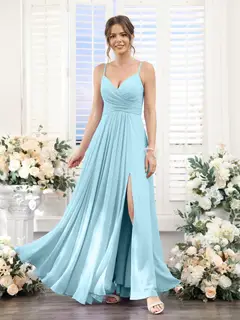 A-Line/Princess V-Neck Spaghetti Straps Sleeveless Floor-Length Chiffon Bridesmaid Dresses with Split Side — view 49
