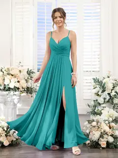 A-Line/Princess V-Neck Spaghetti Straps Sleeveless Floor-Length Chiffon Bridesmaid Dresses with Split Side — view 52