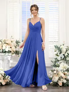 A-Line/Princess V-Neck Spaghetti Straps Sleeveless Floor-Length Chiffon Bridesmaid Dresses with Split Side — view 54