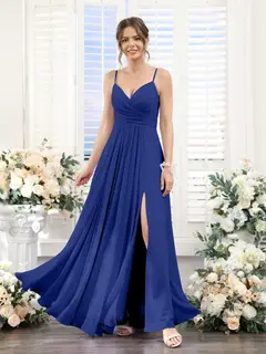 A-Line/Princess V-Neck Spaghetti Straps Sleeveless Floor-Length Chiffon Bridesmaid Dresses with Split Side — view 56