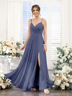 A-Line/Princess V-Neck Spaghetti Straps Sleeveless Floor-Length Chiffon Bridesmaid Dresses with Split Side — view 57