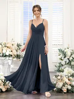 A-Line/Princess V-Neck Spaghetti Straps Sleeveless Floor-Length Chiffon Bridesmaid Dresses with Split Side — view 59