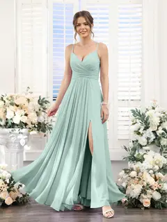 A-Line/Princess V-Neck Spaghetti Straps Sleeveless Floor-Length Chiffon Bridesmaid Dresses with Split Side — view 60