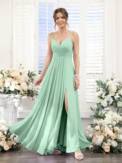 A-Line/Princess V-Neck Spaghetti Straps Sleeveless Floor-Length Chiffon Bridesmaid Dresses with Split Side — view 61