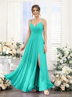 A-Line/Princess V-Neck Spaghetti Straps Sleeveless Floor-Length Chiffon Bridesmaid Dresses with Split Side — view 63