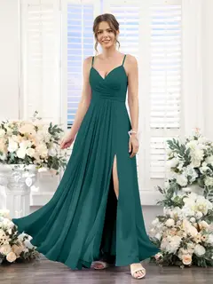 A-Line/Princess V-Neck Spaghetti Straps Sleeveless Floor-Length Chiffon Bridesmaid Dresses with Split Side — view 66