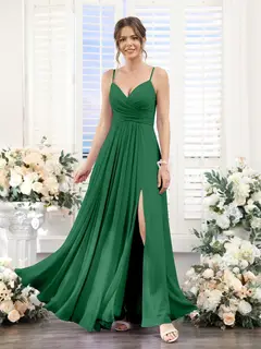 A-Line/Princess V-Neck Spaghetti Straps Sleeveless Floor-Length Chiffon Bridesmaid Dresses with Split Side — view 67