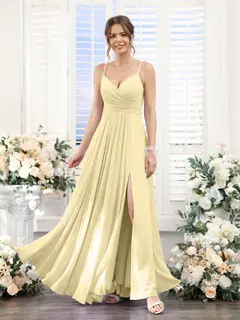 A-Line/Princess V-Neck Spaghetti Straps Sleeveless Floor-Length Chiffon Bridesmaid Dresses with Split Side — view 68
