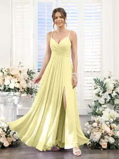 A-Line/Princess V-Neck Spaghetti Straps Sleeveless Floor-Length Chiffon Bridesmaid Dresses with Split Side — view 69