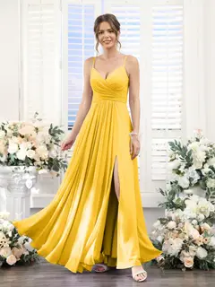 A-Line/Princess V-Neck Spaghetti Straps Sleeveless Floor-Length Chiffon Bridesmaid Dresses with Split Side — view 71